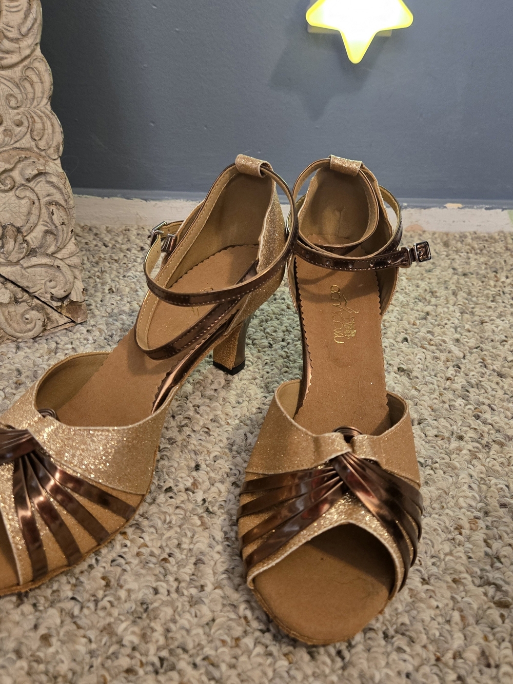 Women’s Glitter Open-Toe Ankle-Strap Heels in Rose Gold